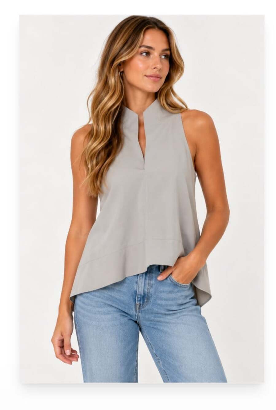 M2057 By Maria Pinto Tank Top Womens Small Gray High Neck Pleated Sleeveless